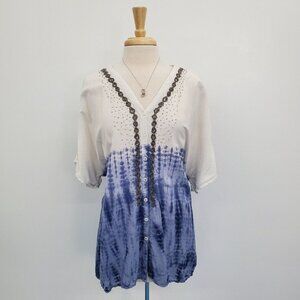 Catherines Tie Dye Beaded Button Blouse Top Plus Size 2X Short Sleeve Blue White